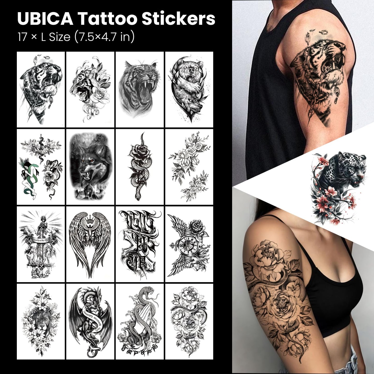 105 Sheets Large Temporary Tattoos For Women Men Adult, Dragon Tiger Wolf Tribal Christian Floral Realistic Fake Tattoo Stickers for Arm Leg Hand, Waterproof & Non-Reflective