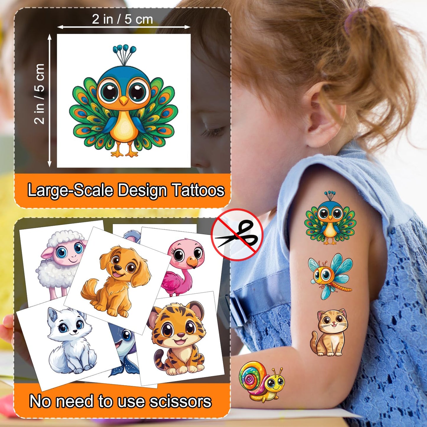 JCFIRE Larger Temporary Tattoos For Kids, 102 Styles Mixed Cute Animals Stickers Birthday Party Favors for Kids 3-5 4-8, Goodie Bag Stuffers Party Supplies Decoration Gifts Activities Games