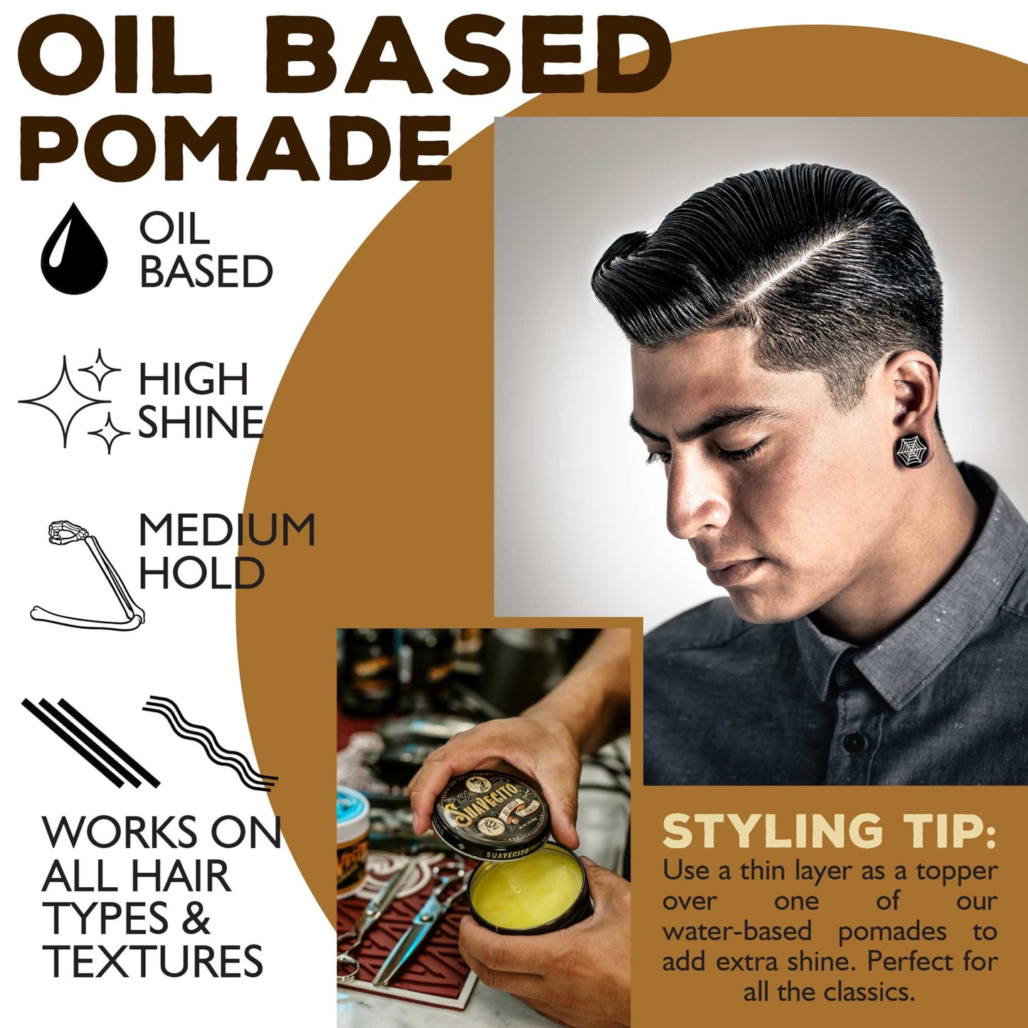 Suavecito Oil Based Pomade 3 oz Tin Can - Original Scent Hair Styling Long Lasting Hold, Healthy High Shine, For All Hair Types - Smooth Slickback To Pompadour Rockabilly Style Grease