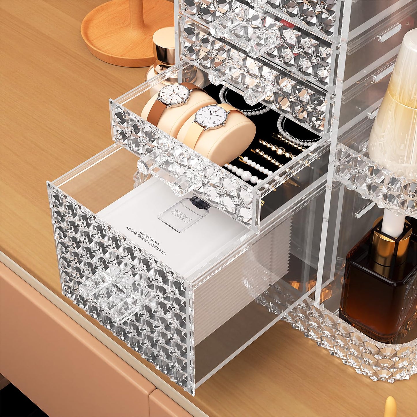 BOCONY 360 Rotating Makeup Organizer for Vanity, Large Skin Care Organizer with 6 Drawers Clear Acrylic Cosmetic Organizer Adjustable Spinning Makeup Storage Perfume Organizer for Dresser (Clear)