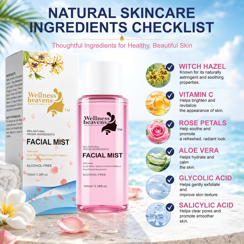 Hydrating Witch Hazel Face Toner with Aloe Vera & Glycolic Acid – Rose Petal Pore Minimizing Facial Toner for Acne Prone Skin, Blackheads, Oily & Combination Skin – Alcohol Free Daily Glow Toner 100ml