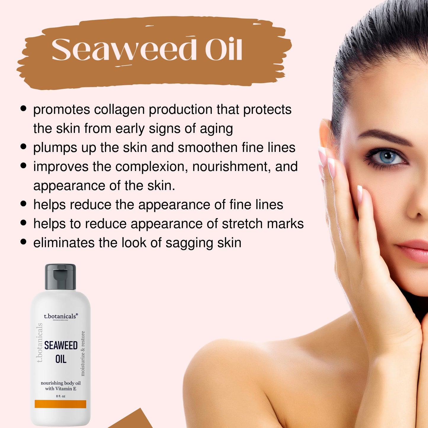 Seaweed Body Oil 8 oz. Nourishing Sea Moss Oil Fast Absorbing Firming Anti-Aging Non-Greasy Oil Day and Night Massage Kelp Moisturizer for Dry Dull, Sagging Skin, Face, Hair, Foot, Hands (Unscented)