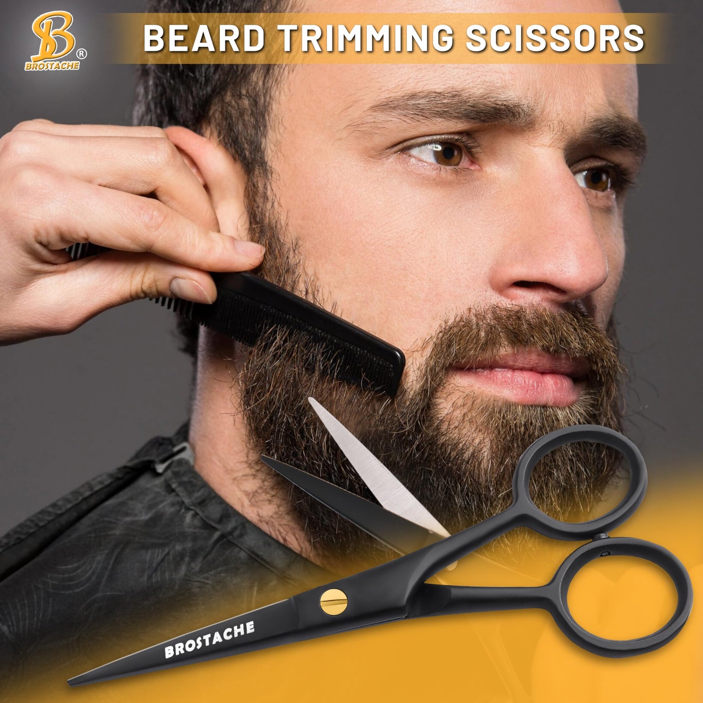 5” Professional Beard and Mustache Scissors, German Steel Beard Scissors Come with Mustache Comb, Beard Comb and Carrying Pouch. Grooming Scissor for All Facial Hair Scissors (Black)