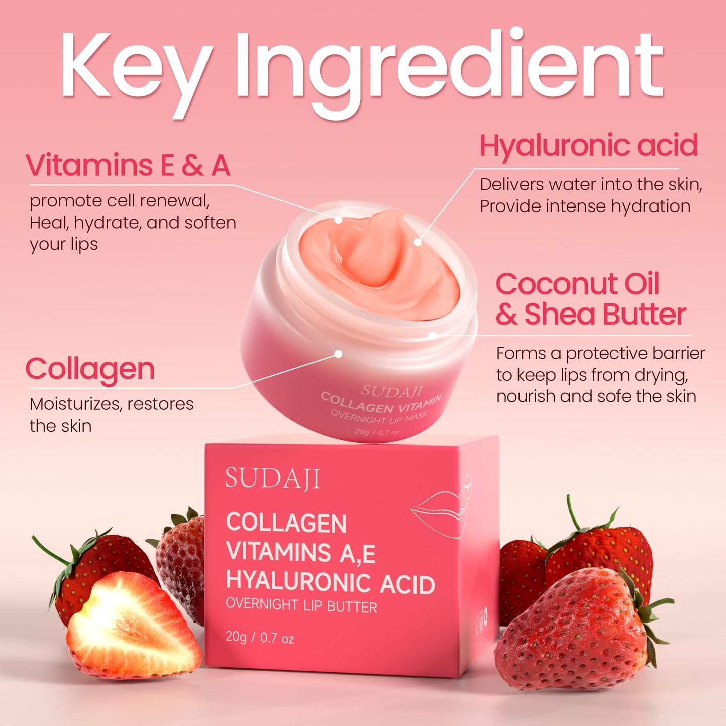 SUDAJI Collagen Lip Mask, Hydrating Lip Balm, Lip Moisture with Hyaluronic Acid & Vitamins E, A- Overnight Sleeping Nourishing Lip Butter Balm for Dry Lips 0.7 Oz