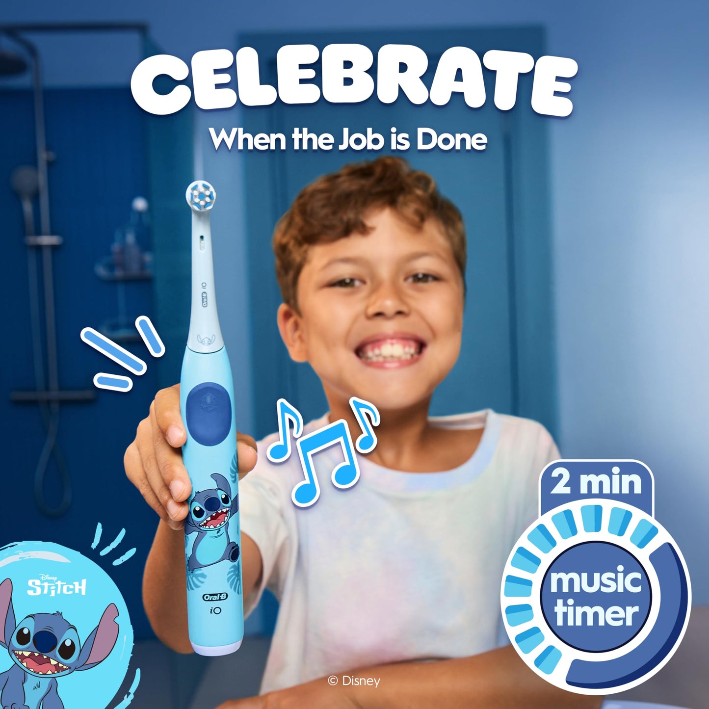 Oral-B iO Kids Rechargeable Electric Toothbrush, Stitch with 1 Brush Head - Automatic Pressure Sensor - 3 Cleaning Settings - 2 Min Music Timer - 28 Day Battery Life