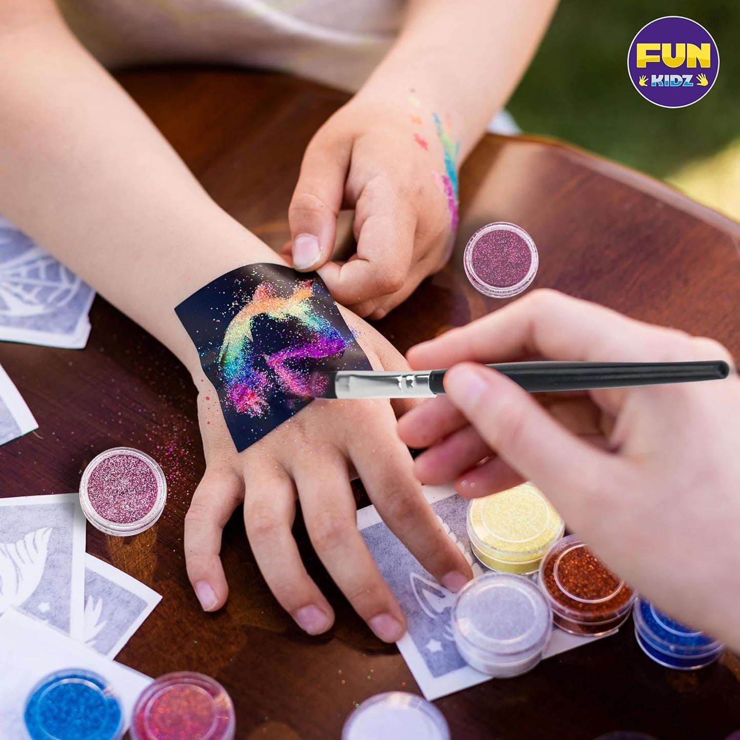 Tattoo Kit for Kids Ages 8-12 | FunKidz Sparkle Brush Body Art Markers & 106 Stencils