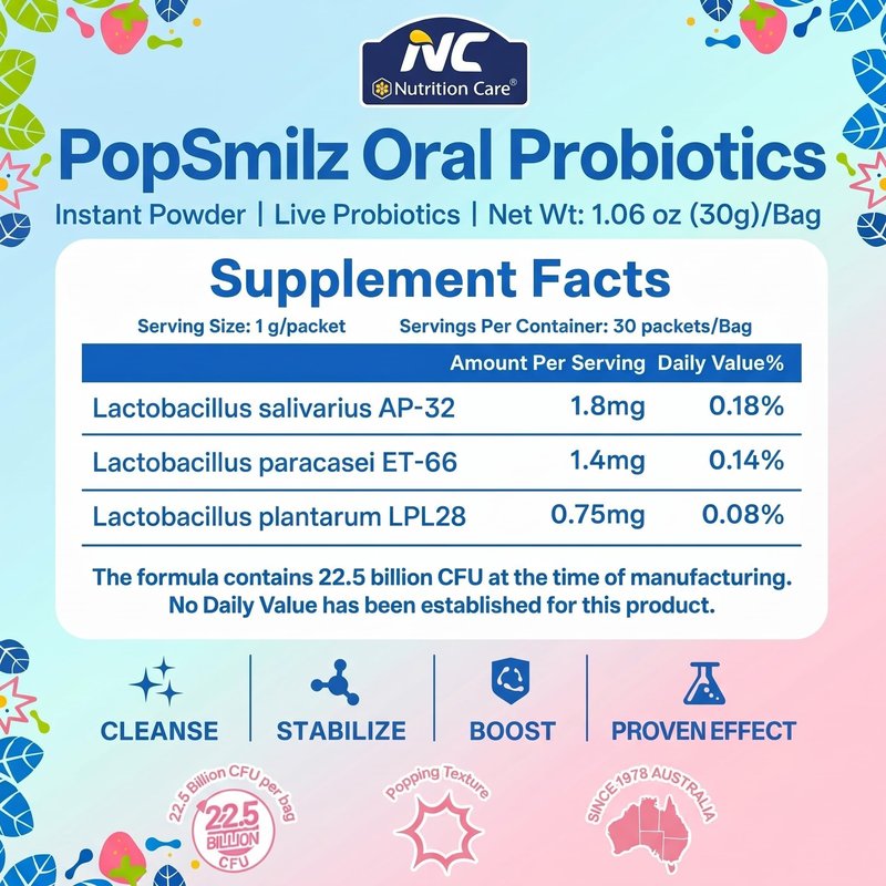 fanFentac Oral Probiotics for Bad Breath & Gum Health - 22.5 Billion CFU Dental Probiotic Powder with 3 Proprietary Strains - Sugar-Free Strawberry Mint Popping Powder - 30 Stick Packs