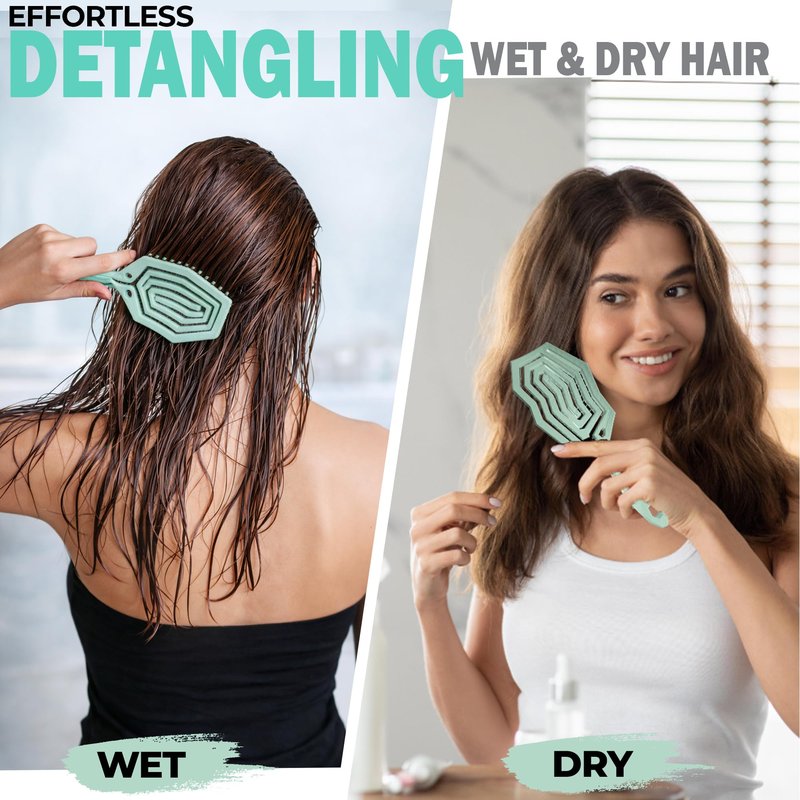 Fiora Naturals Hair Detangling Brush for Women - Detangler Hair Brush w/Flexible Soft Bristles- Gently Glides Through Tangles - Curly, Fine, Dry and Shower Wet HairBrush, cepillo para cabello - Green