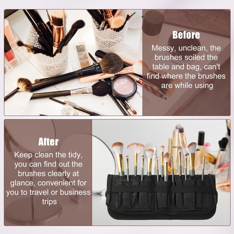 VOCOSTE Foldable Makeup Brush Holder, 23 Pockets Makeup Brush Organizer, Stand-up Makeup Brush Travel Bag Cosmetic Case, Portable Travel Makeup Brushes Case Handbag