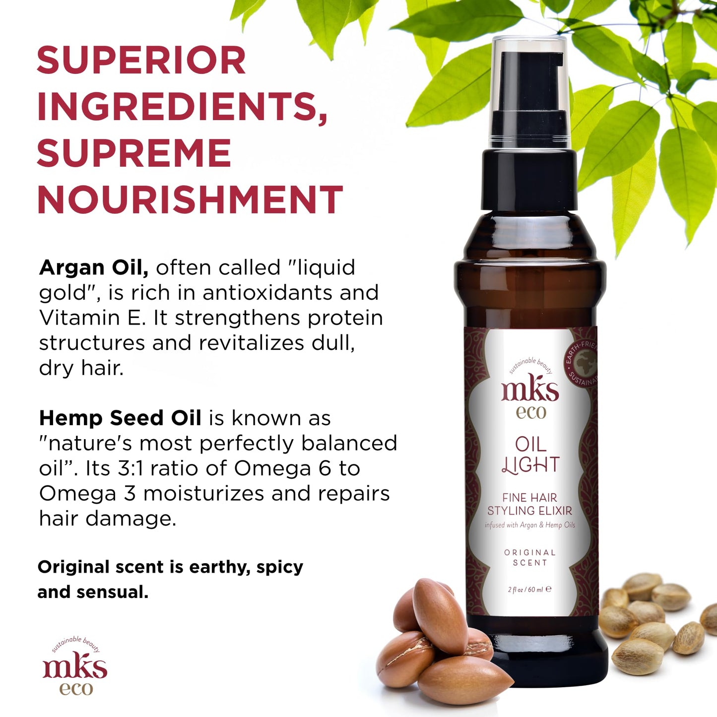 MKS eco Oil Light, Light Breeze - 2 fl oz - Hair Styling Elixir - Moroccan Argan Oil, Hemp Seed Oil - Ideal for Fine Hair - Moisturize, Nourish Hair & Control Frizz - Vegan & Cruelty Free