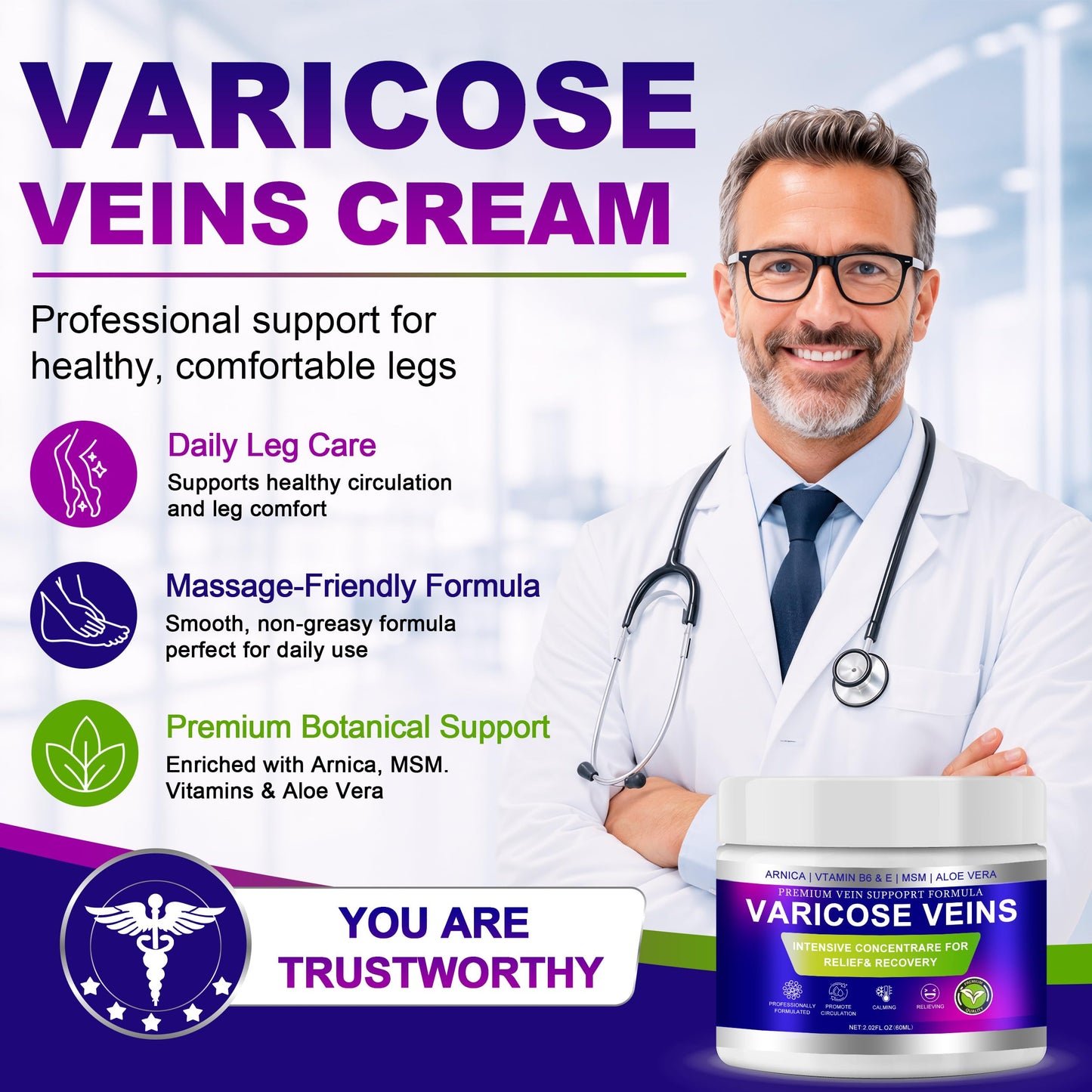 Varicose Veins Cream for Legs, Vein Cream for Spider Veins Appearance, Arnica Leg Cream with Aloe Vera, Non-Sticky Moisturizer for Tired Heavy Legs, Refreshing Daily Leg Care, （3 Pack, Blue)