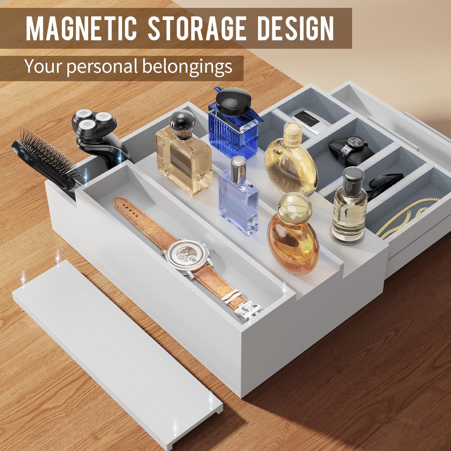 Cologne Organizer for Men,3 Tier Cologne Stand with 2 Drawer and Side Extended Storage Space,Wood Perfume Stand Organizer，Great Gift Packing Box for Men and Women-White