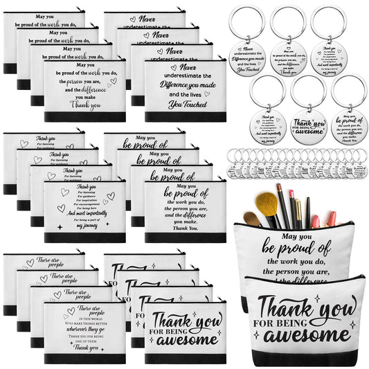 Panelee 48 Pcs Appreciation Gifts for Coworkers Bulk Inspirational Cosmetic Bags Motivational Gifts for Women Thank You Teacher Makeup Bags Christmas Gift for Employee(Black, White,Novelty Style)