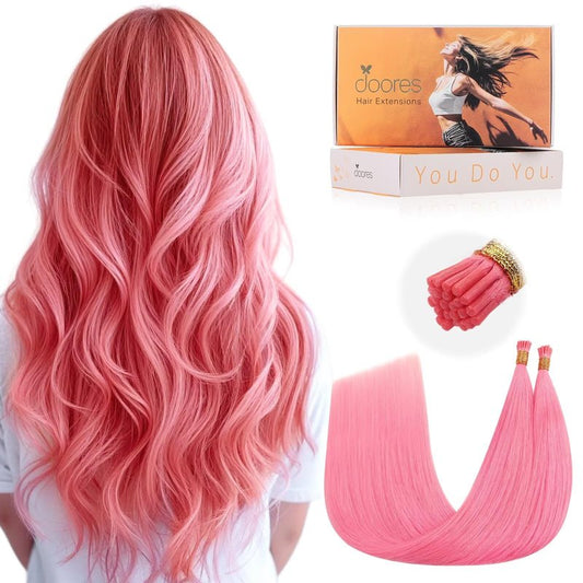 DOORES Light Pink Hair Extensions, 25g/25s 22 Inch I Tip Human Hair Extensions for Women