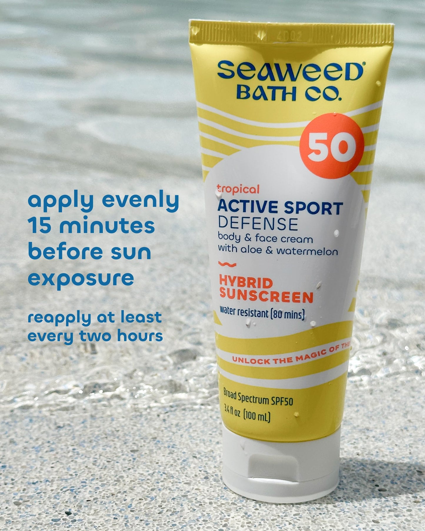 Seaweed Bath Co. Active Sport Defense Cream SPF 50 - Broad Spectrum Hybrid Sunscreen with Zinc Oxide, Aloe & Watermelon - Water Resistant Face and Body Daily Sunblock, 3.4 Ounce (Pack of 2)