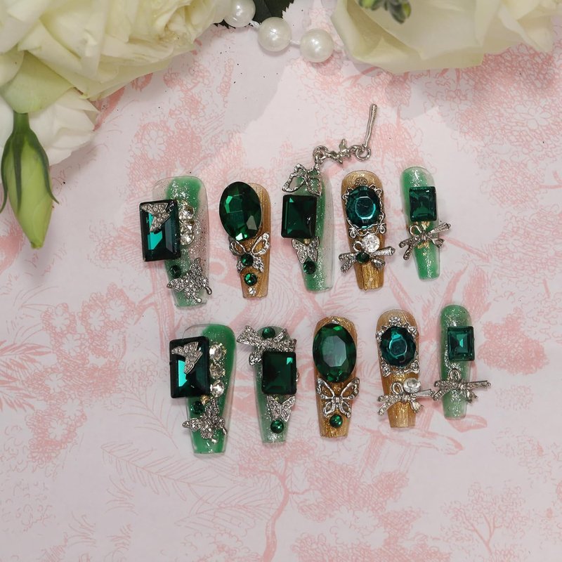 Emerald Green Press-On Nails Set - Dramatic Butterfly Design with Rhinestones | Easy Application & Gentle on Nails