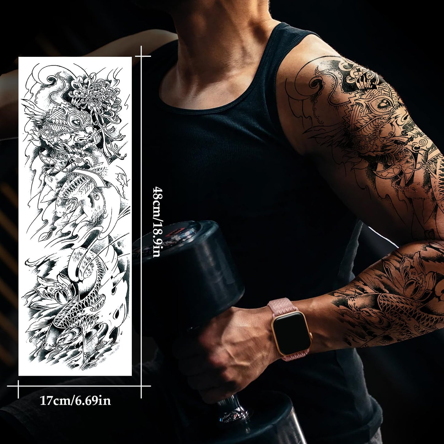 12 Sheets Full Arm Temporary Tattoos Adults, Waterproof Japanese Tiger Samurai Skull Sleeve Tattoos, KOI Dragon Lotus Fake Tattoo Kits for Cosplay BBQ Pool Beach Party