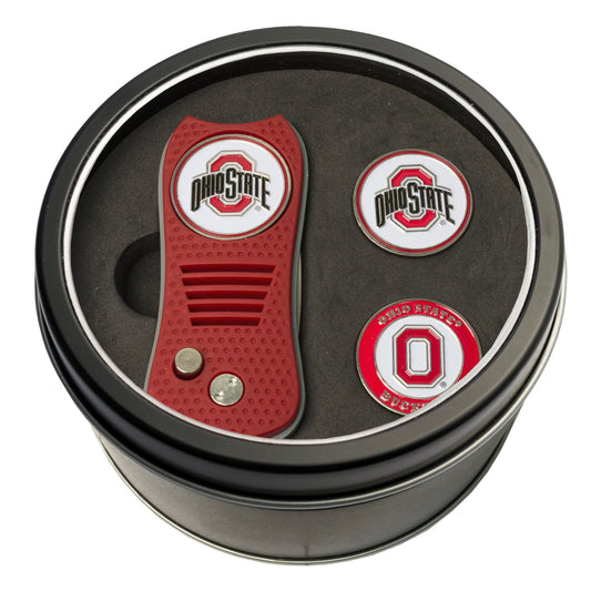 Team Golf NCAA Ohio State Buckeyes 2 Ball Markers Tin Gift Set with Retractable Divot Tool and 3 Double-Sided Magnetic Ball Markers, Patented Single Prong Design, Causes Less Damage to Greens