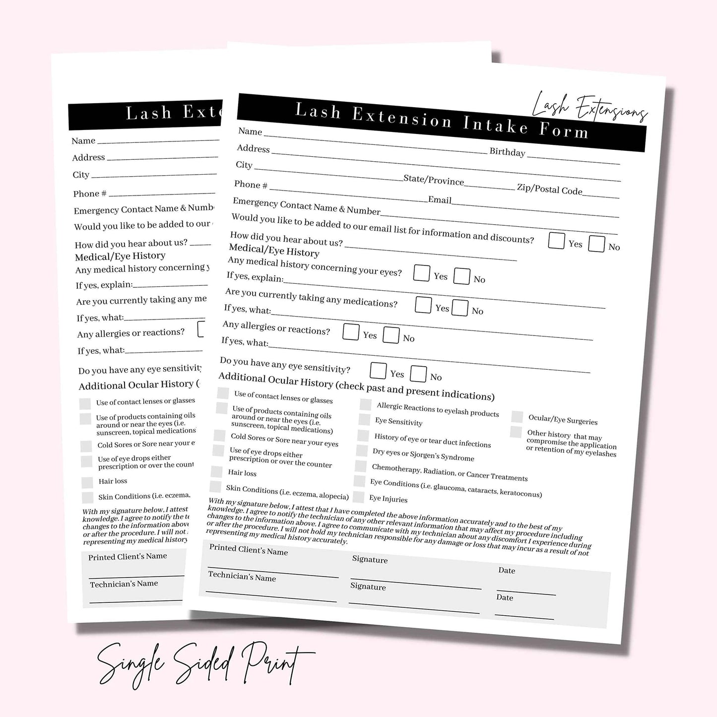 Lash Extension Consent, Intake, Aftercare Forms | 75 Pack | 8.5x11" Paper Size | Eyelash Extension Supplies