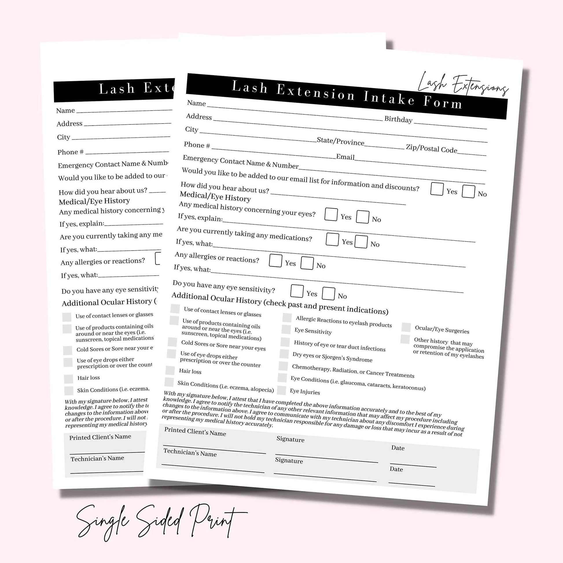 Lash Extension Consent, Intake, Aftercare Forms | 75 Pack | 8.5x11" Paper Size | Eyelash Extension Supplies