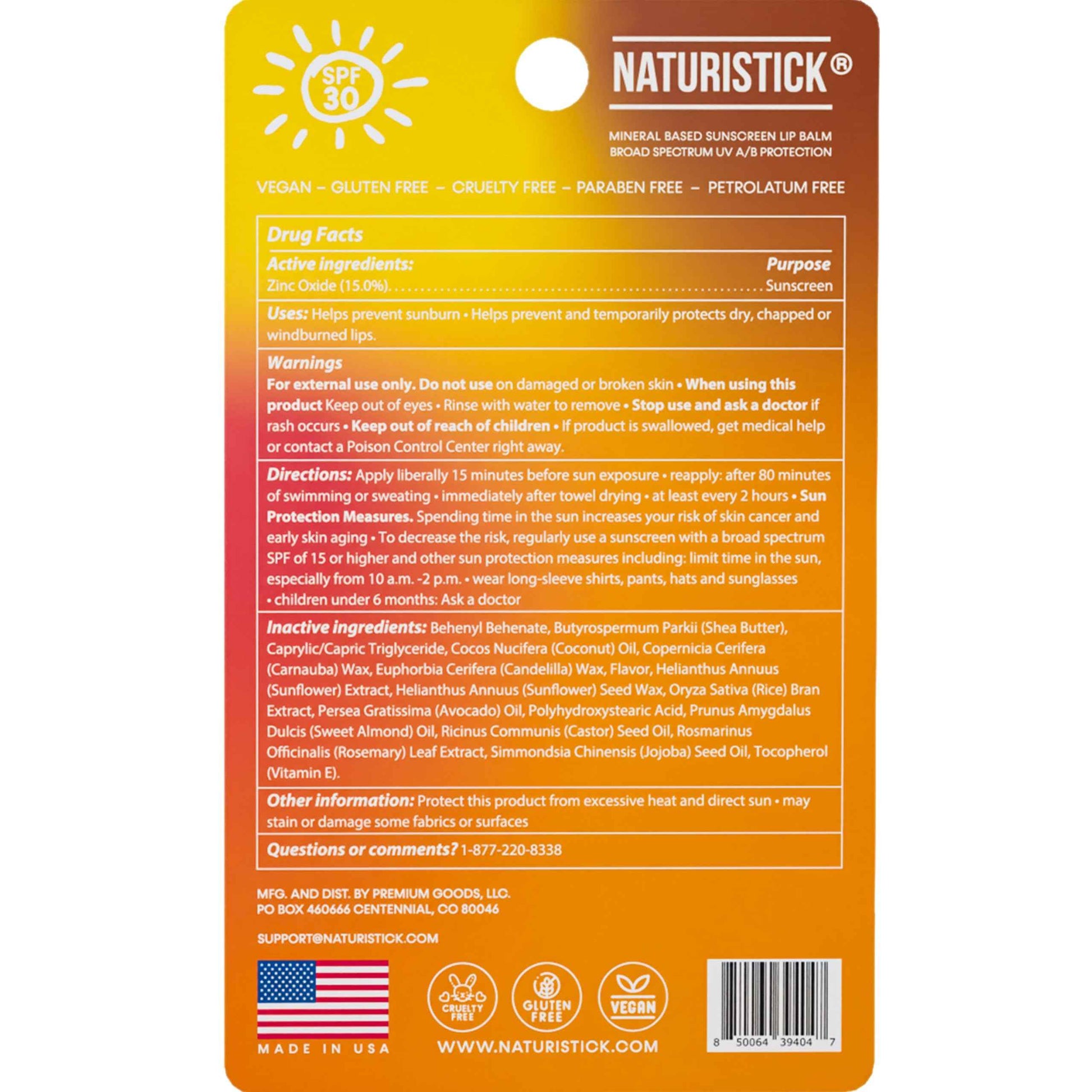 Naturistick SPF 30 Vegan Lip Balm – Mineral Sunscreen with Zinc Oxide | Broad Spectrum UVA/UVB | 100% Natural, Coral-Friendly Formula | 5-Pk Raspberry, Coconut, Cherry, Citrus, Spearmint | Made in USA
