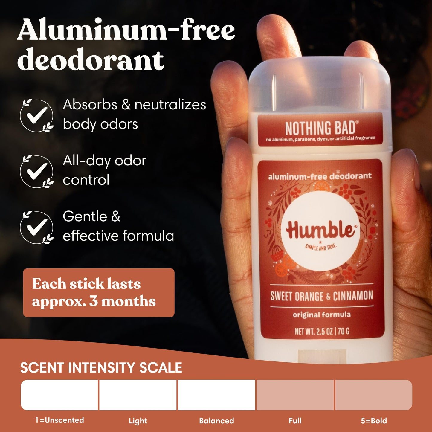 Humble Aluminum-Free Deodorant for Women & Men, Sweet Orange & Cinnamon - Clean & Fresh Natural Deodorant Stick with Essential Oils for Long-Lasting Odor Control - 1 Pack