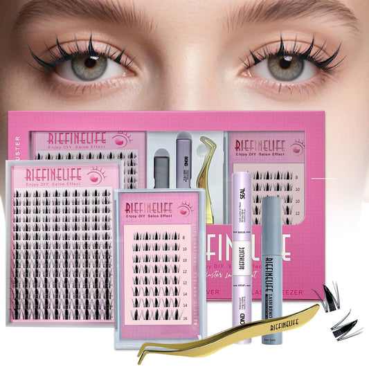 Lash Clusters Kit Manga Eyelash Clusters Kit, 8-18mm DIY Volume Eyelash Extensions, 208pcs C+D Curl Fluffy Individual False Lashes Waterproof Thin Band Salon 150-Hour Wear with Bond Seal Tweezers