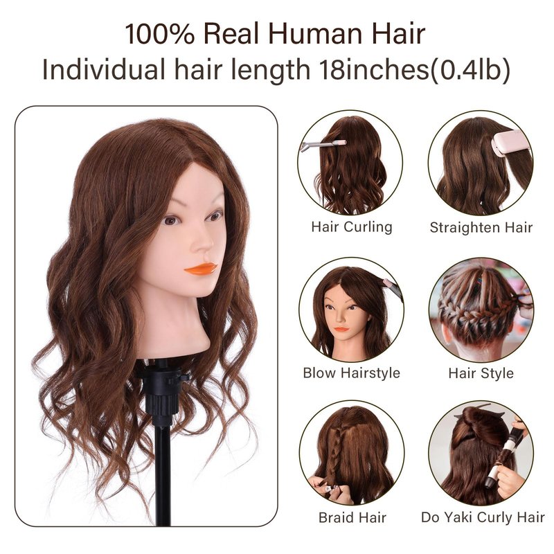 Mannequin Head with 100% Real Hair, Cenoz 18" Hairdresser Cosmetology Training Head with Stand and Tool, Manikin Training Practice Head, Doll Head for Hair Styling （Dark brown）