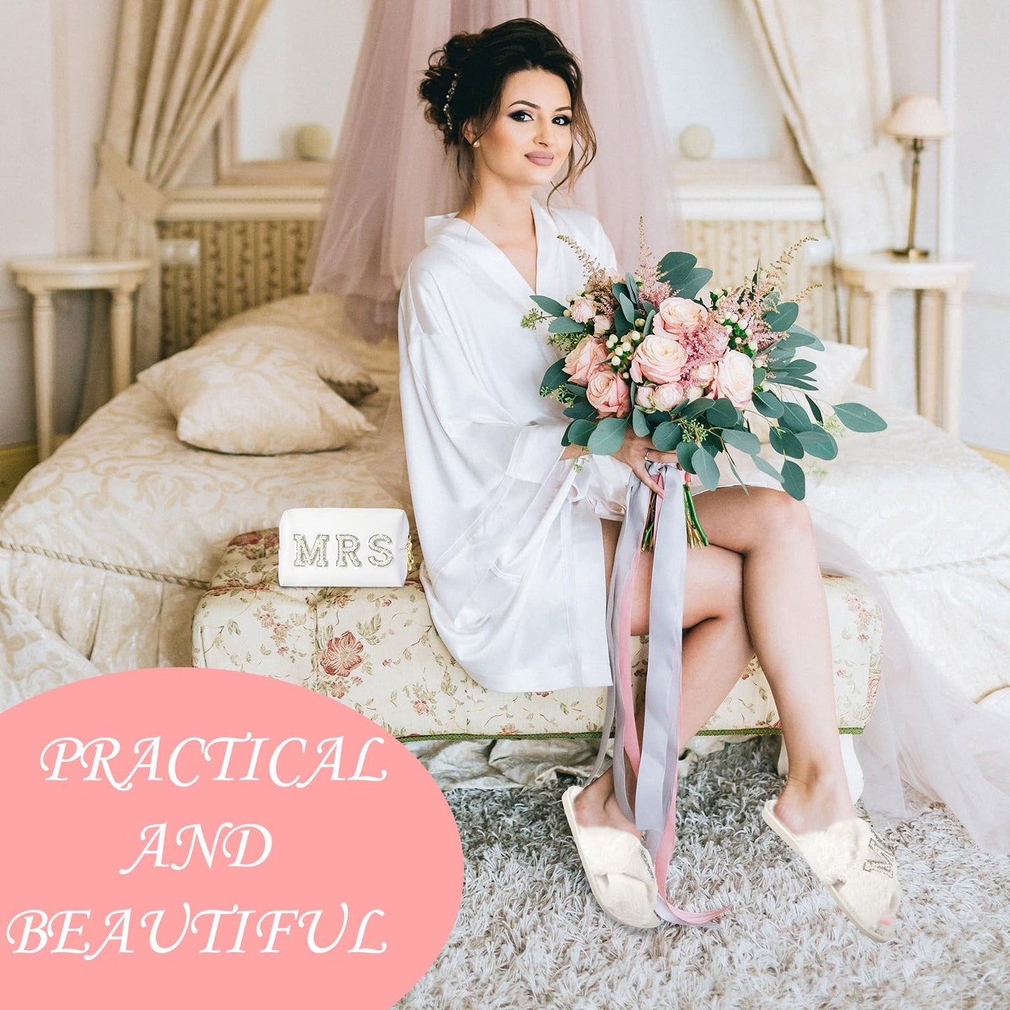 Tkifoda Personalized Initial Letter P MRS Wedding Bride Slippers Robe Makeup Bag, Bride to Be Gifts, Bridal Shower Gifts, Wedding Gift