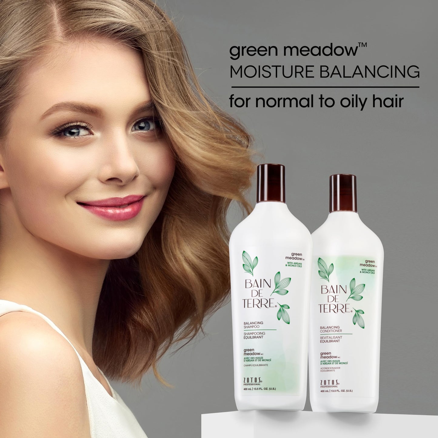 Bain de Terre Green Meadow Balancing Conditioner, Gentle Moisture Balance for Soft, Silky & Bouncy Hair with Argan & Monoi Oils, Paraben-free, Color-Safe, Vegan, 13.5 Fl Oz