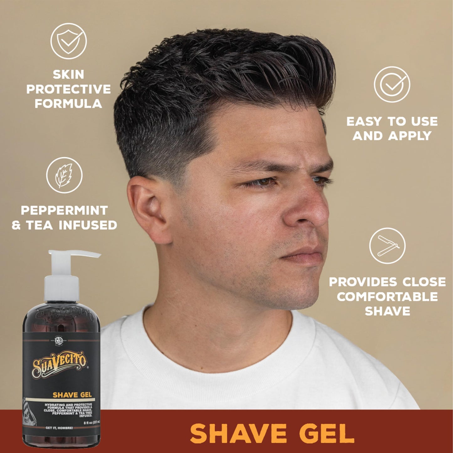 Suavecito Shave Gel 8 oz. Pump Bottle, Peppermint and Tea Tree Infused, Clear Formula That Hydrates and Protects Skin