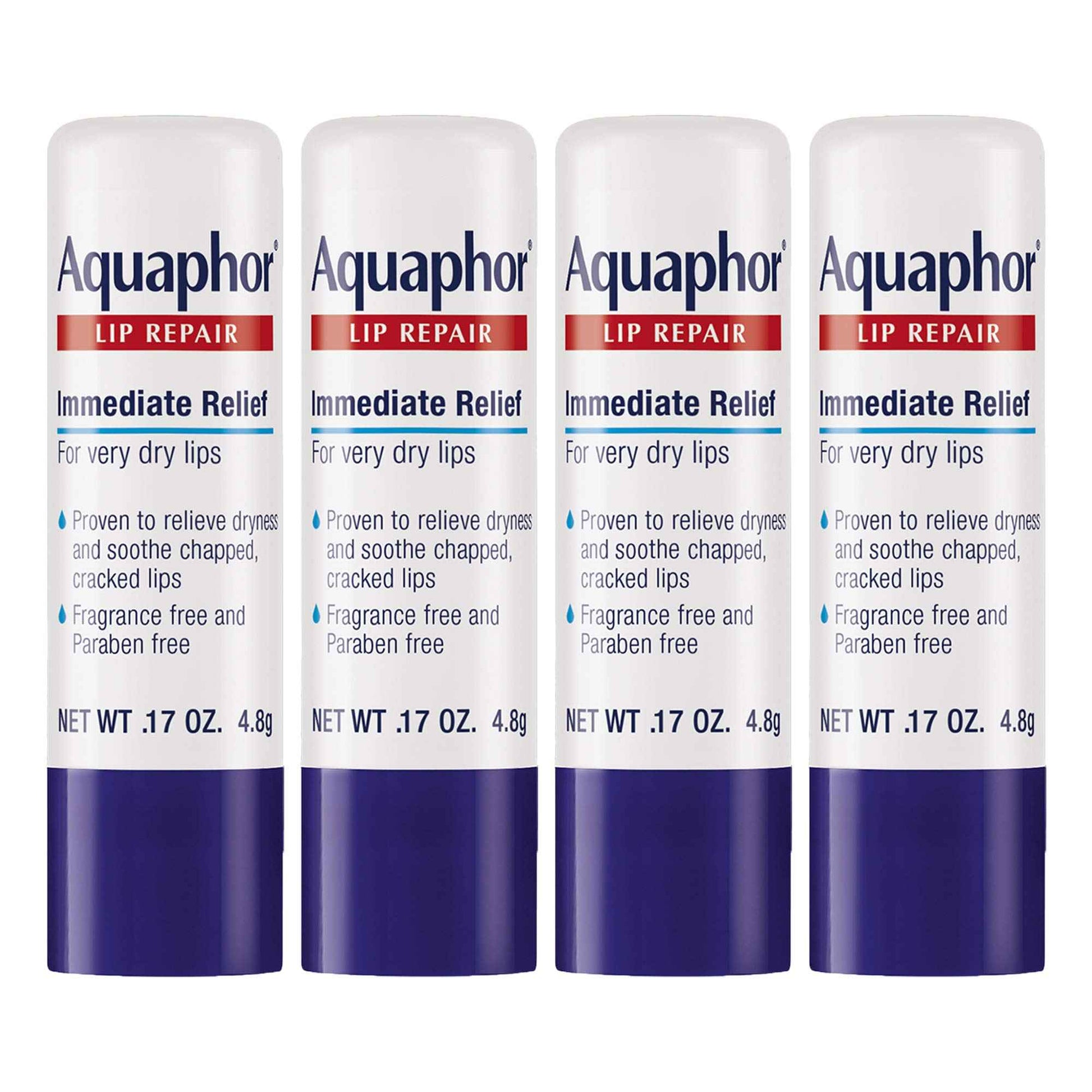 Aquaphor Lip Repair Stick with Jojoba Oil and Shea Butter, Moisturizing Lip Balms, Fragrance Free and Paraben Free, Immediately Relieves Dryness, 0.17 Oz Stick, Pack of 4