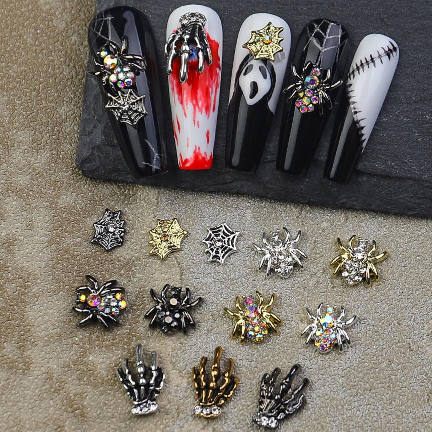 Halloween Nail Charms 3D Spider Hand Alloy Nail Art Supplies Black Gold Silver Charms Nail Jewelry for Women Halloween DIY Nail Art Decoration Accessories 36Pcs