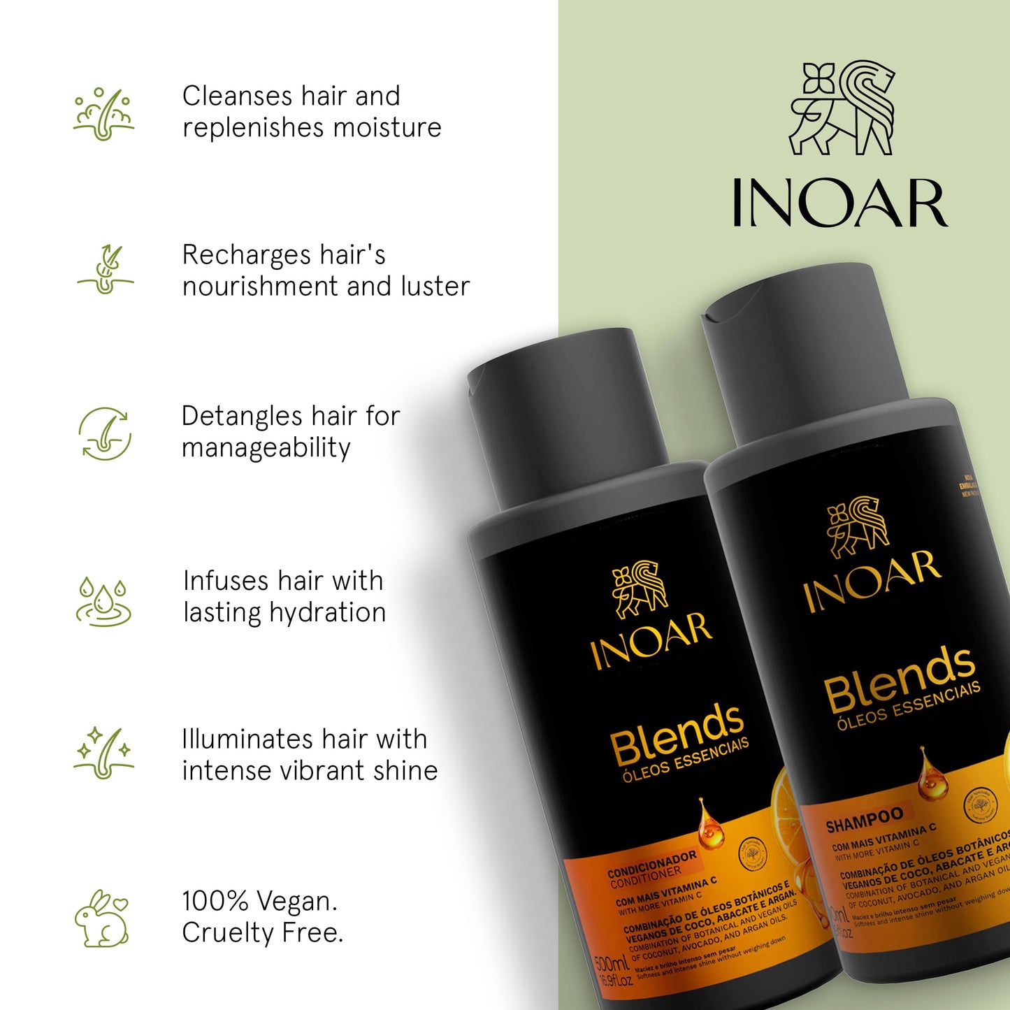 Inoar Blends Shampoo & Conditioner Kit with Vitamin C, Coconut, Avocado and Argan Oils for Deep Hydration, Repair, Shine, 16.9 Fl Oz Each