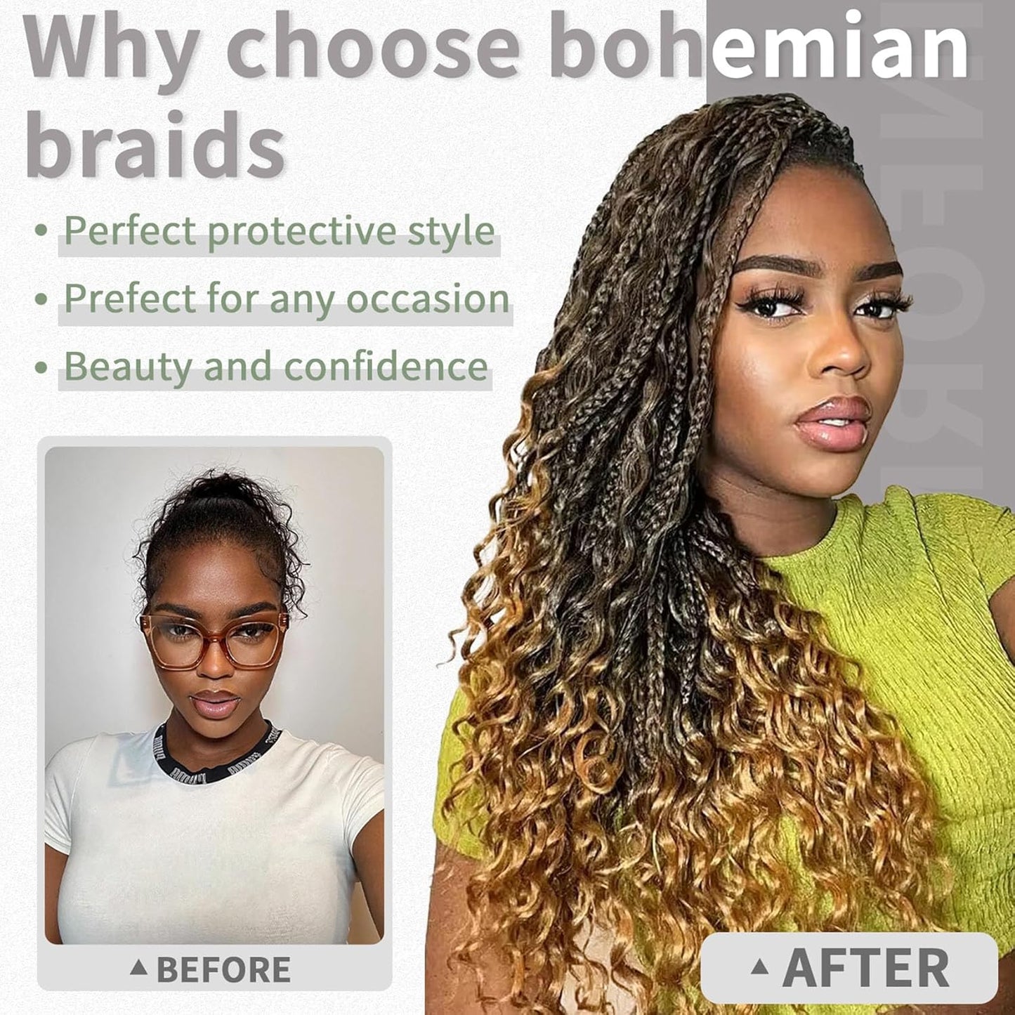 Goddess Box Braids - 7 Packs Grey Crochet Hair with Curly Ends | 14 Inch Bohemian Braiding Extensions 1B/Gray