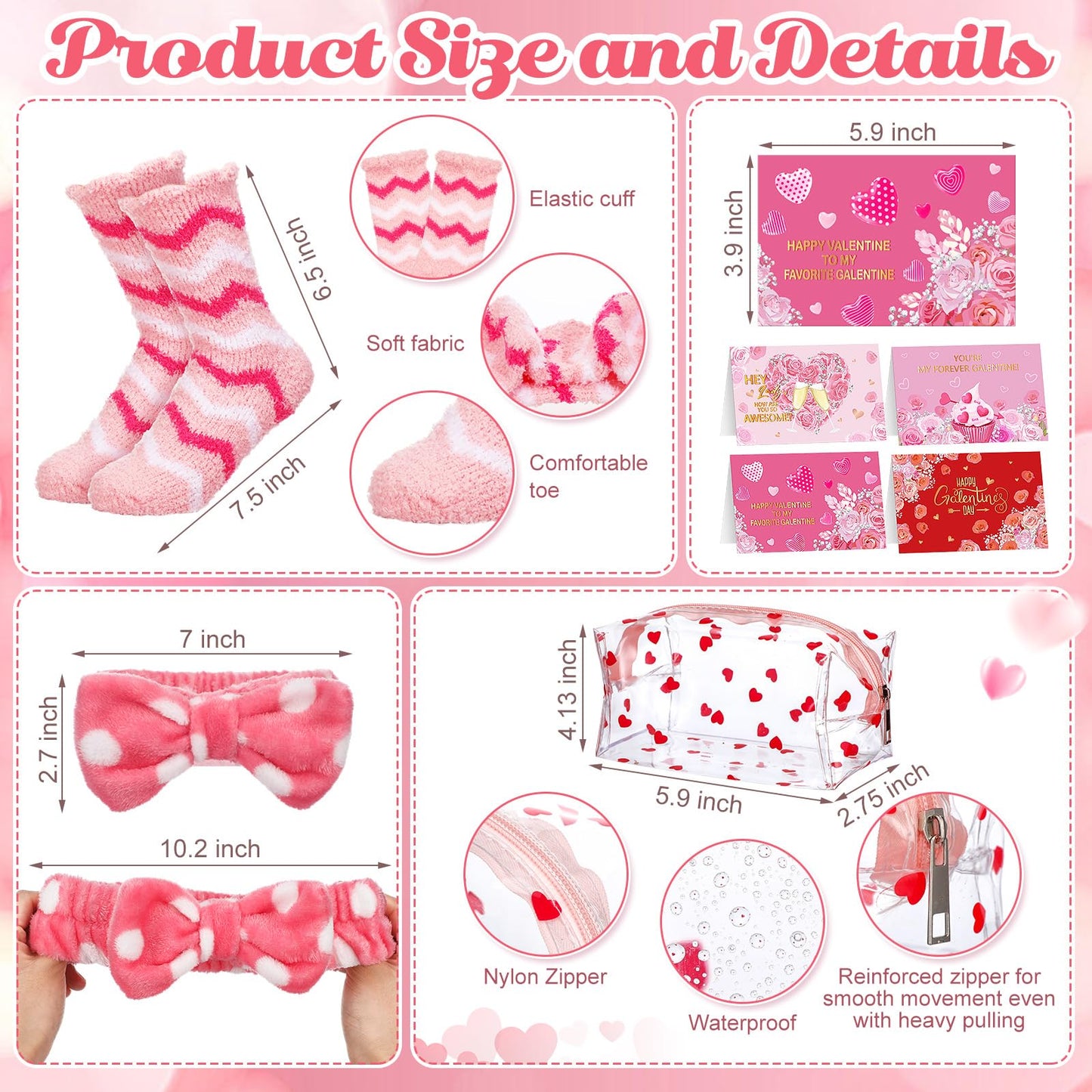 Geiserailie 4 Set Galentine's Gift 32 Pcs Valentines Gift for Her Pink Makeup Bags Spa Hairband Hair Scrunchies Hair Clips Heart Sunglasses Pens Socks Cards Sleepover Party Supplies for Women