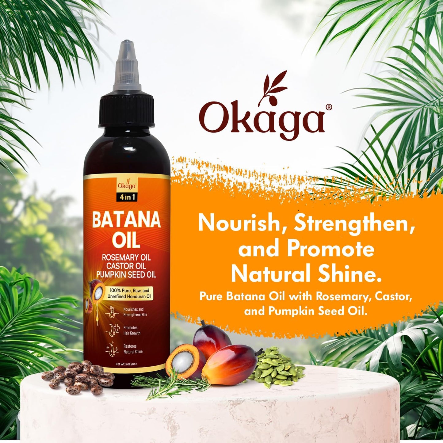 Batana Oil for Hair Growth with Rosemary, Castor, and Pumpkin Seed Oils, 100% Pure Unrefined Honduran Formula, Strengthens, Nourishes, Revives Scalp & Strands, For Men & Women (5oz)
