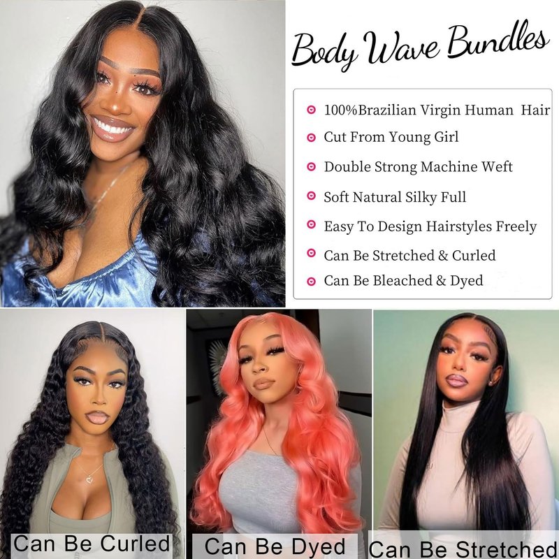 Body Wave Bundles - Unprocessed Brazilian Virgin Human Hair Weave Extensions | Natural Black, 14-Inch (3 Bundles)