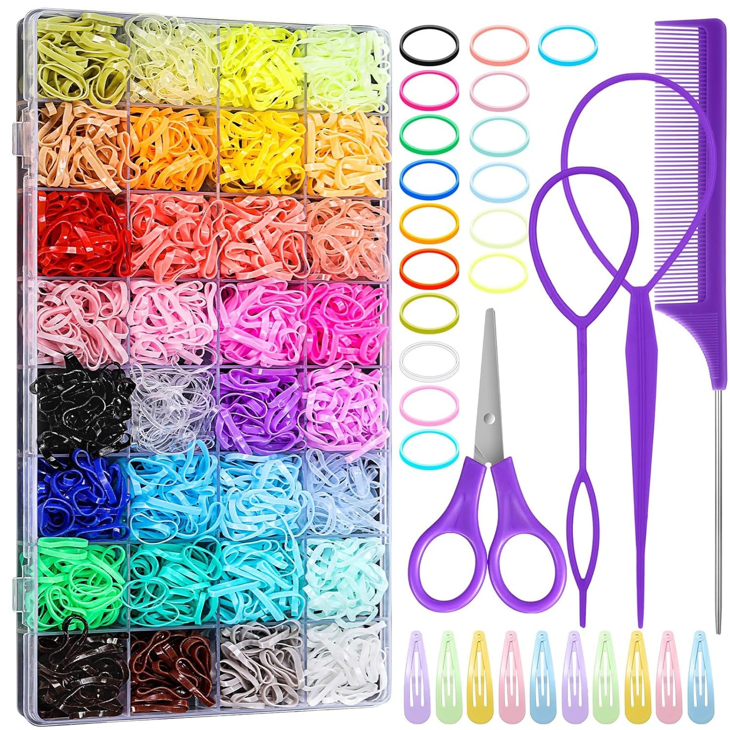 32 Colored Elastic Ties, 1700 Pieces Rubber Bands With 14 Styling Tools, Hair Tie Cutter and Accessories for Girls, Baby, Toddler, Kids