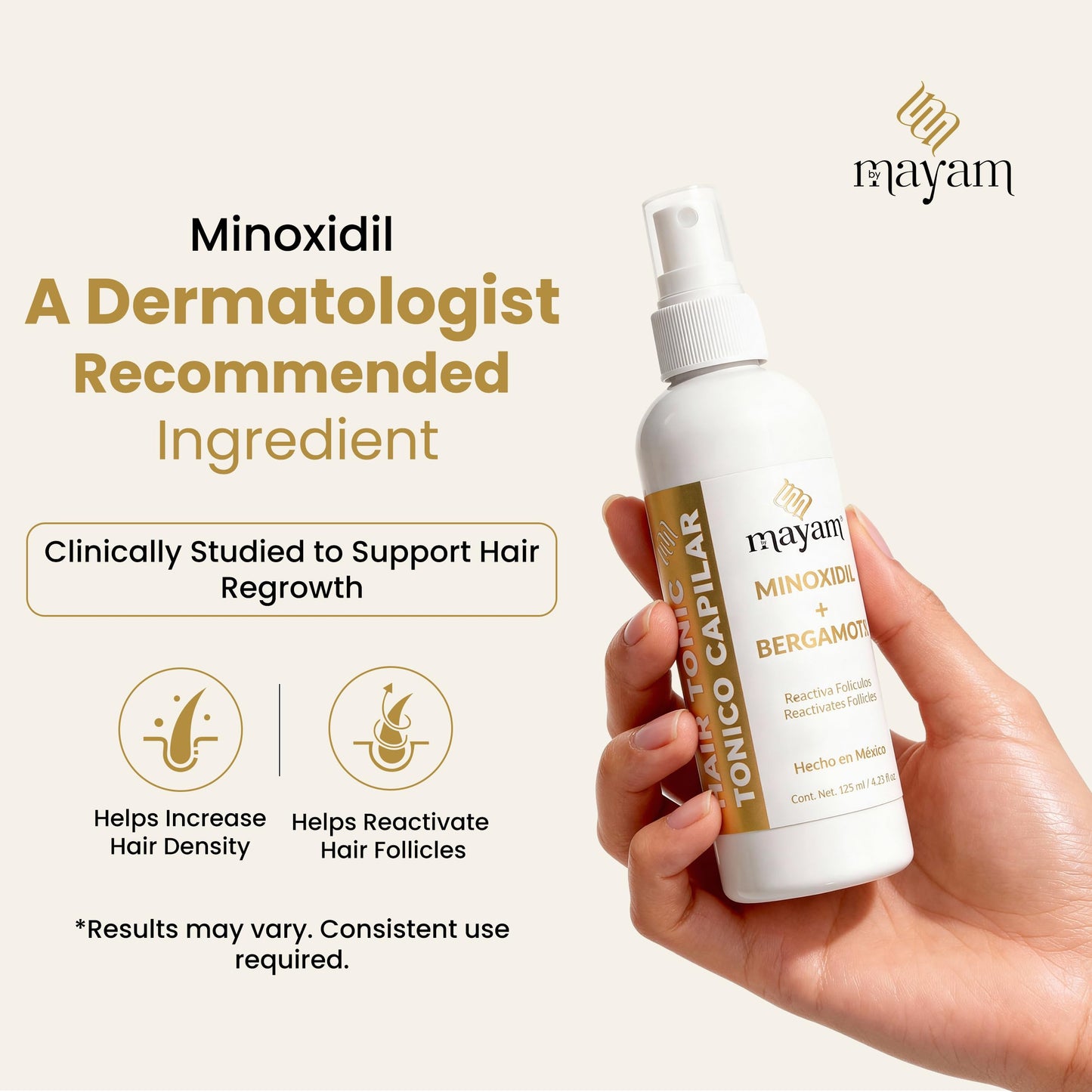 Mayam Beauty Minoxidil 5% Hair Regrowth Treatment Spray – Hair Growth Spray for Thinning Hair & Receding Hairline – Lightweight Leave-In Scalp Treatment with Bergamota – 125ml (4.2 fl oz)