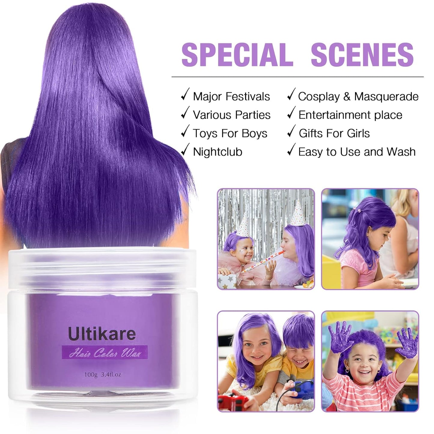 Temporary Hair Color for Kids, Ultikare Orange Hair Dye Washable Natural Hair Wax Color Chalk Mud Cream DIY Hairstyle Clay For Dark Hair Halloween, Cosplay, Party, Christmas Gift Girls 3.4 Fl Oz