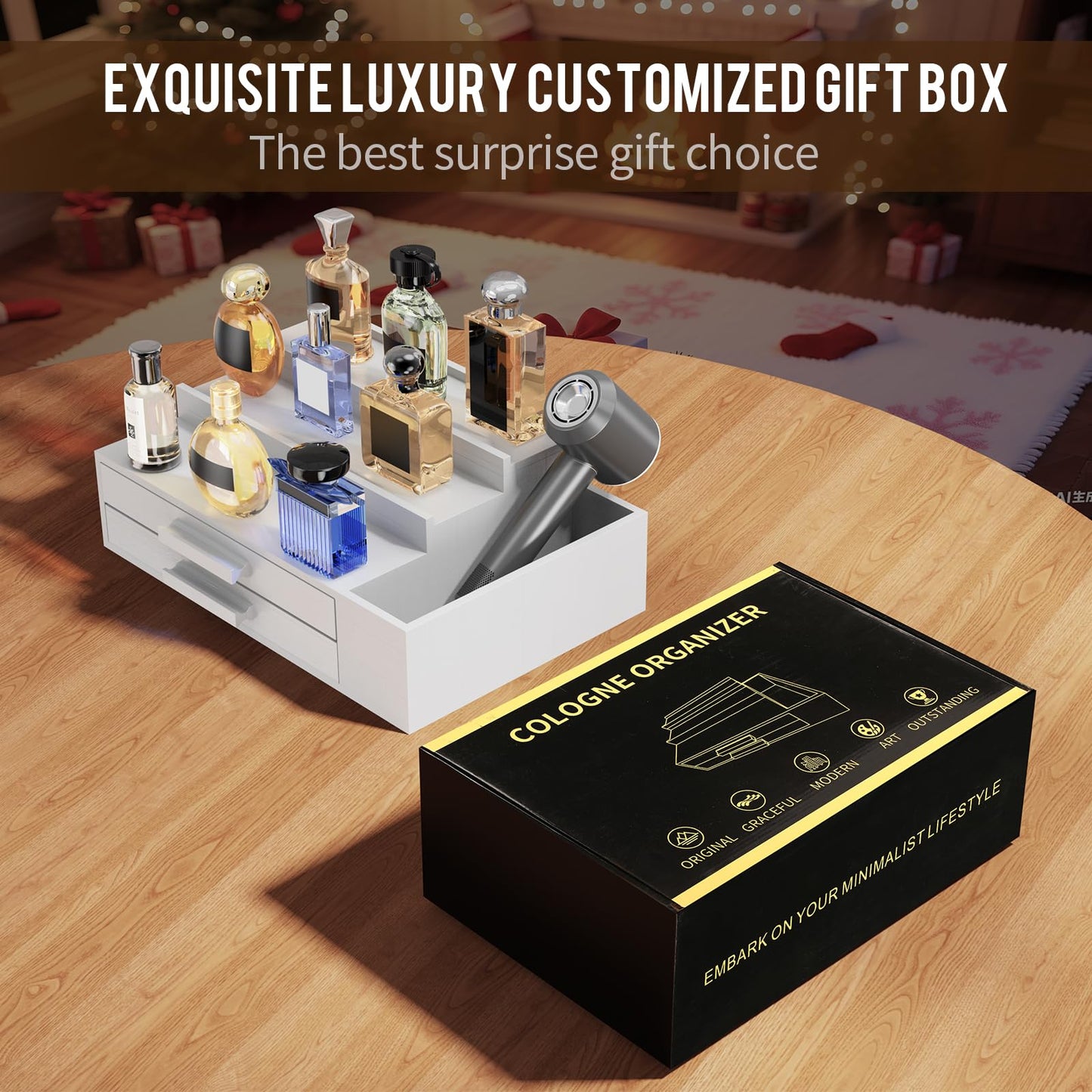 Cologne Organizer for Men,3 Tier Cologne Stand with 2 Drawer and Side Extended Storage Space,Wood Perfume Stand Organizer，Great Gift Packing Box for Men and Women-White