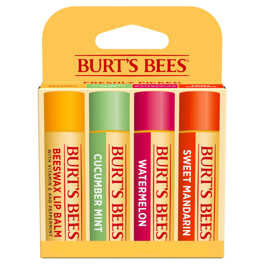 Burt's Bees Lip Balm, Original Beeswax, Cucumber Mint, Watermelon & Sweet Mandarin, With Responsibly Sourced Beeswax, Tint-Free, Natural Origin Treatment, 0.15 oz., Four Tubes