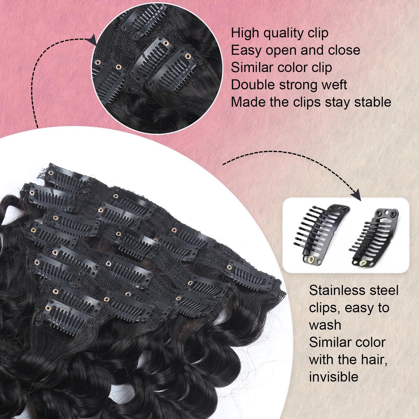Deep Wave Clip in Hair Extensions Real Human Hair 14 Inch Deep Curly Clip ins for Women Invisible Seamless Remy Human Hair Clips in Extensions 8pcs 100g/3.5oz 20 Clips Double Weft Natural Black