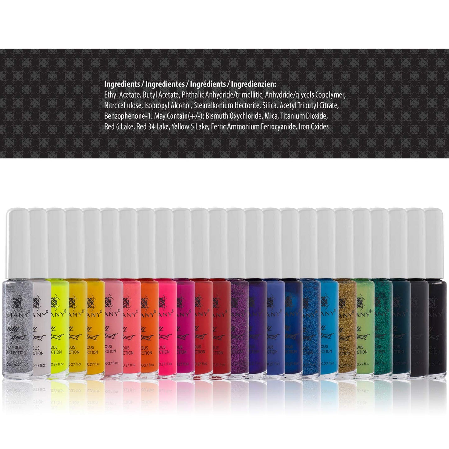 SHANY Nail Art Set Nail Polish - Glitter, Metallic, Pearls, Neon and Matte Nail Lacquer NailArt Drawing Decoration Set With Built-in Thin Nails Brush - 24 Famous Colors Nail Varnish Bulk