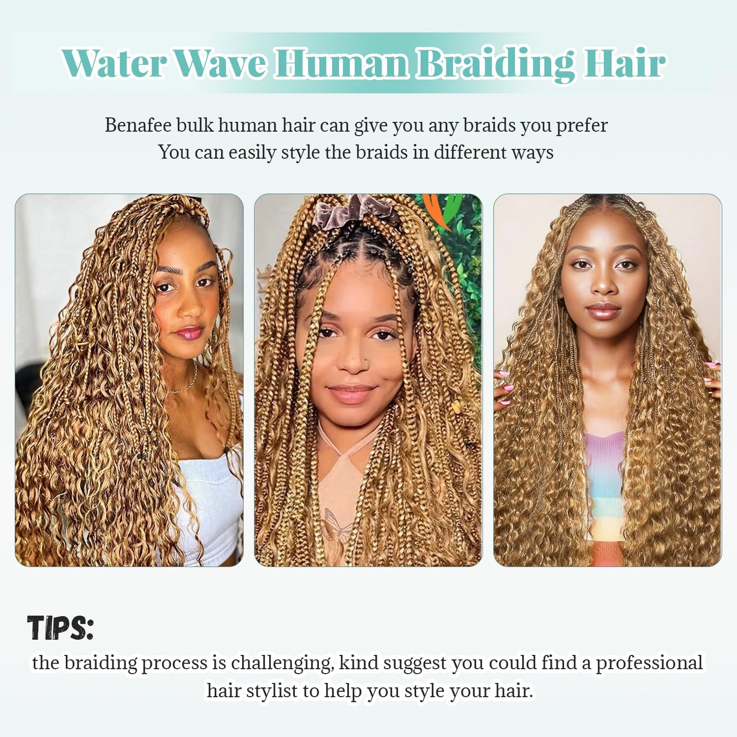 Deep Water Wave Bulk Human Braiding Hair #27 Honey Blonde Curly Braiding Hair for Boho Braids 18 Inch 100G 2 Bundles No Weft Wet and Wavy Brazilian Virgin Human Hair Extensions for Black Women