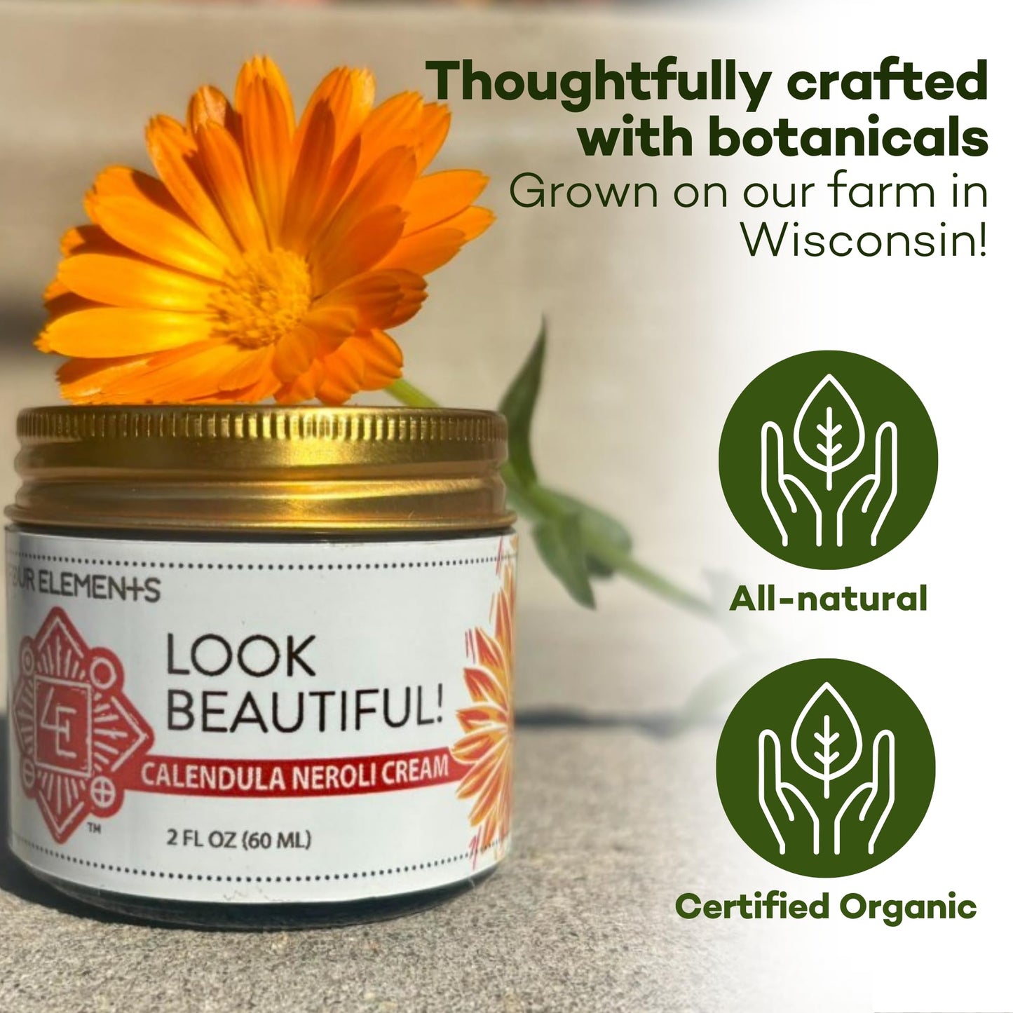 Four Elements 4E Calendula Neroli Cream 2 Oz | Organic Face Moisturizing Cream with Shea Butter & Essential Oils | Hydrating Skin care for Soft, Smooth Skin | Self-Care Gifts for Women