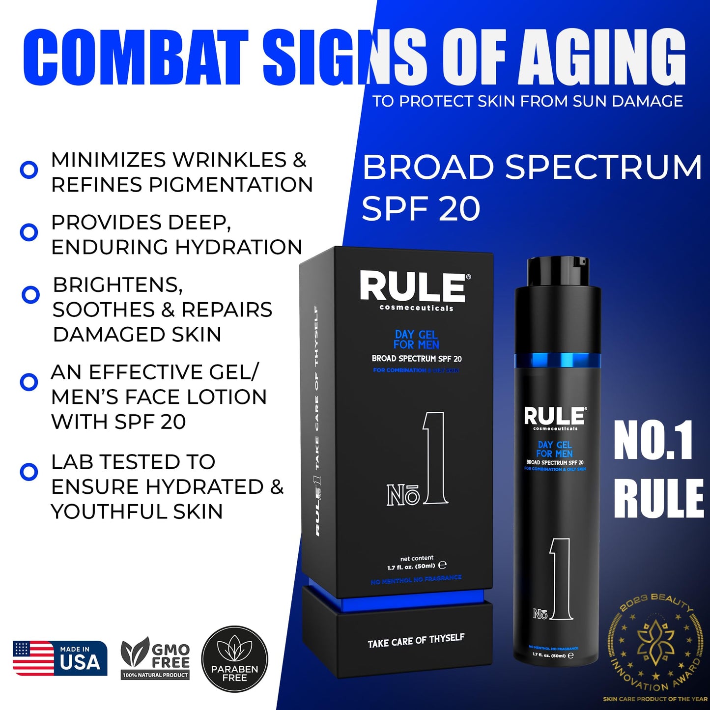 RULE COSMECEUTICALS No.1 Day Gel for Men, 10-in-1 Anti-Aging Face Moisturizer to Reduce Wrinkles, SPF 20, Collagen, Vitamins B, C & E - Combination & Oily Skin - No Menthol, No Fragrance, 50 mL