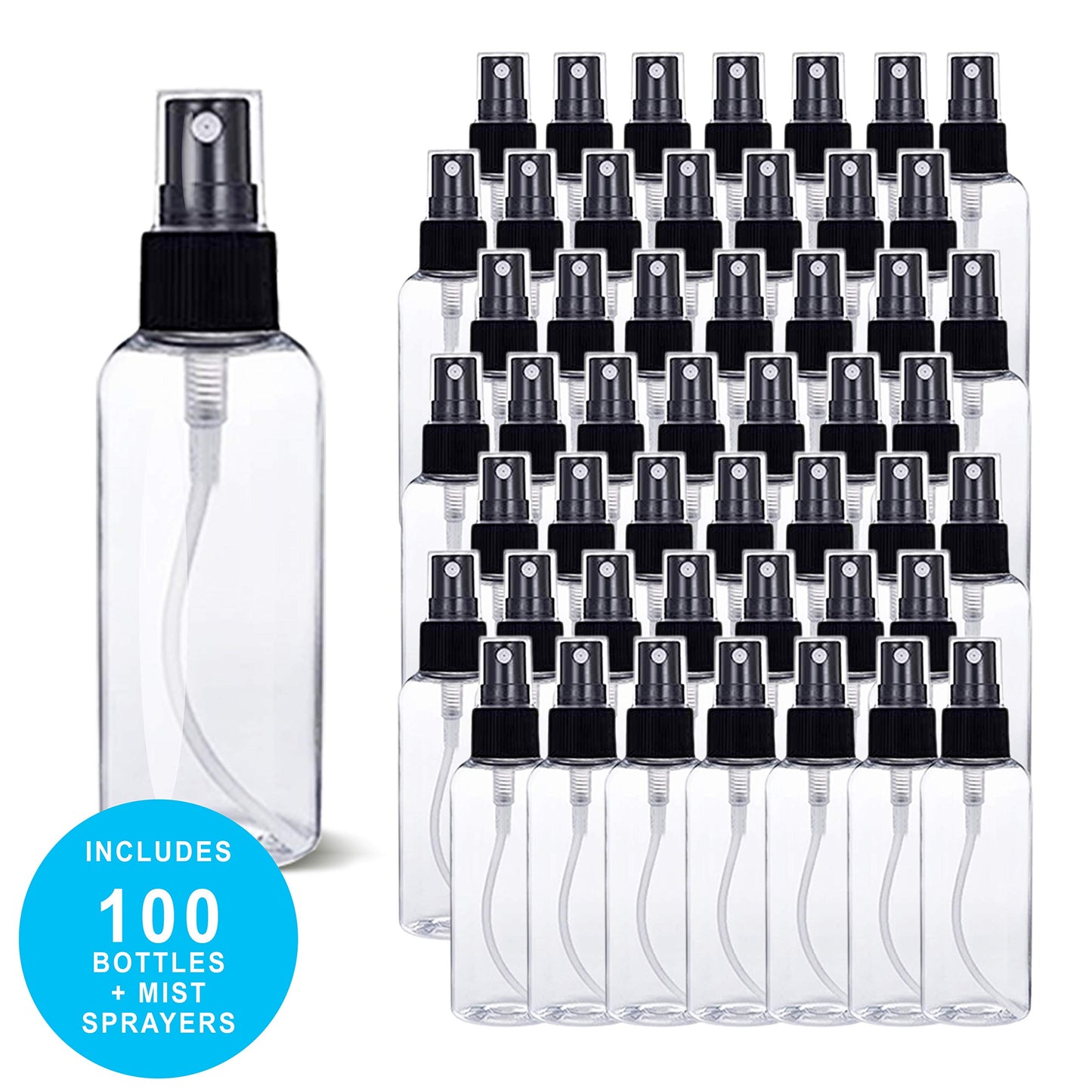 SANSHIELD 100 Pack 2 oz (60 ml) Clear PET Plastic Spray Bottles with Cap, Refillable and Reusable, Portable Travel Size Small Mist Bottles