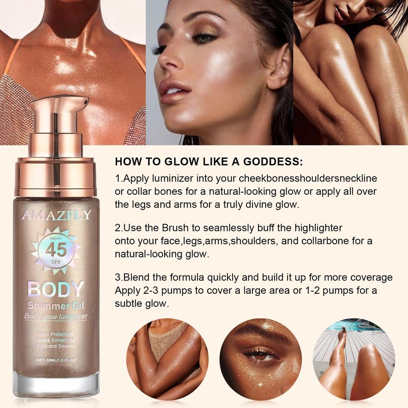 Shimmer Body Oil, SPF 45 Broad Spectrum, Sunscreen Face and Liquid Luminizer Waterproof Moisturizing, Light Shimmer Glow Illuminator, Smooth Body Highlighter Makeup (#01 Rose Gold)